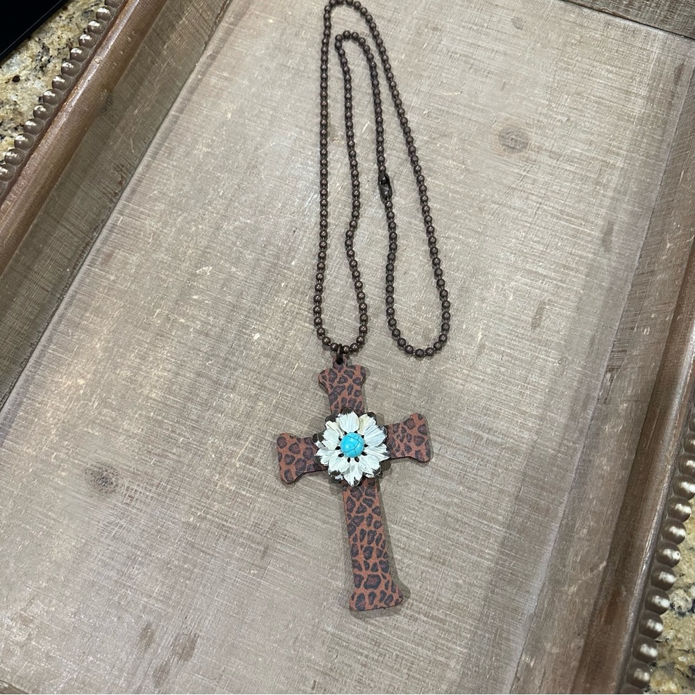 Leather Animal Print Cross Long Necklace